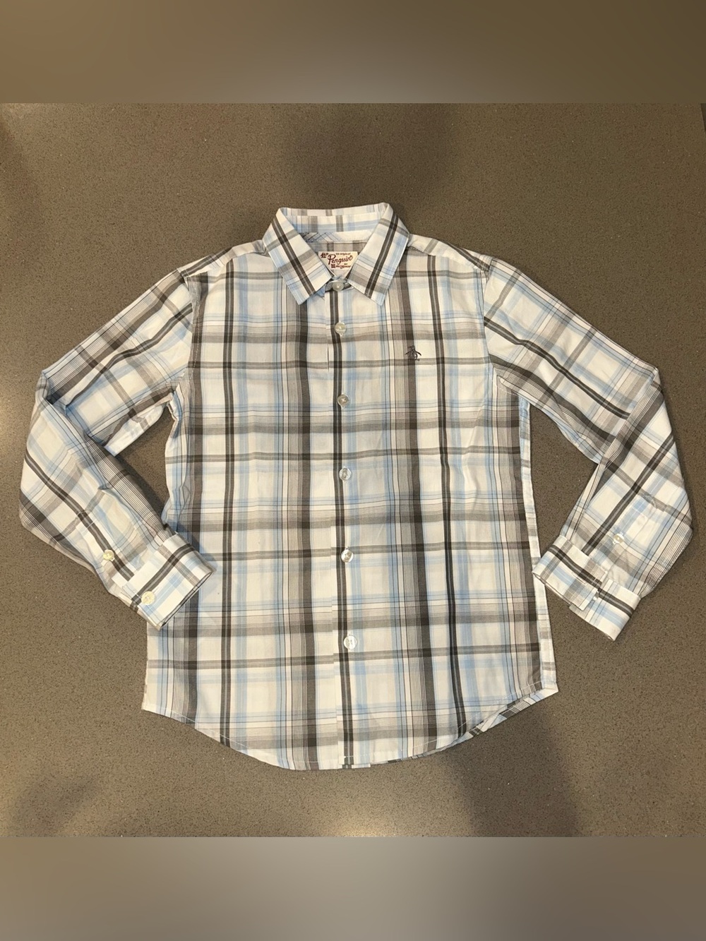 Long Sleeve Plaid Penguin Button Up Shirt Kids Size 5/6